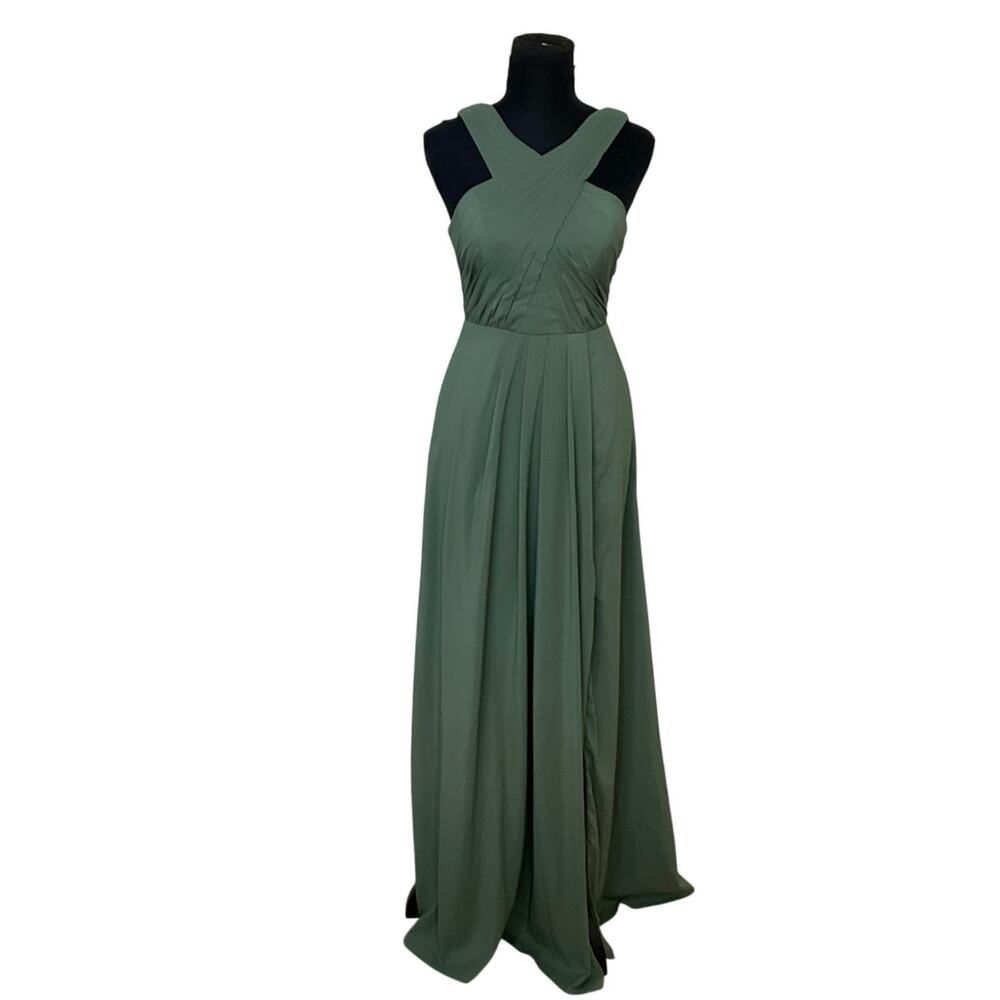 Azazie Eucalyptus Green Brandie Chiffon Maxi Dress A2 Cross Back Formal Gown